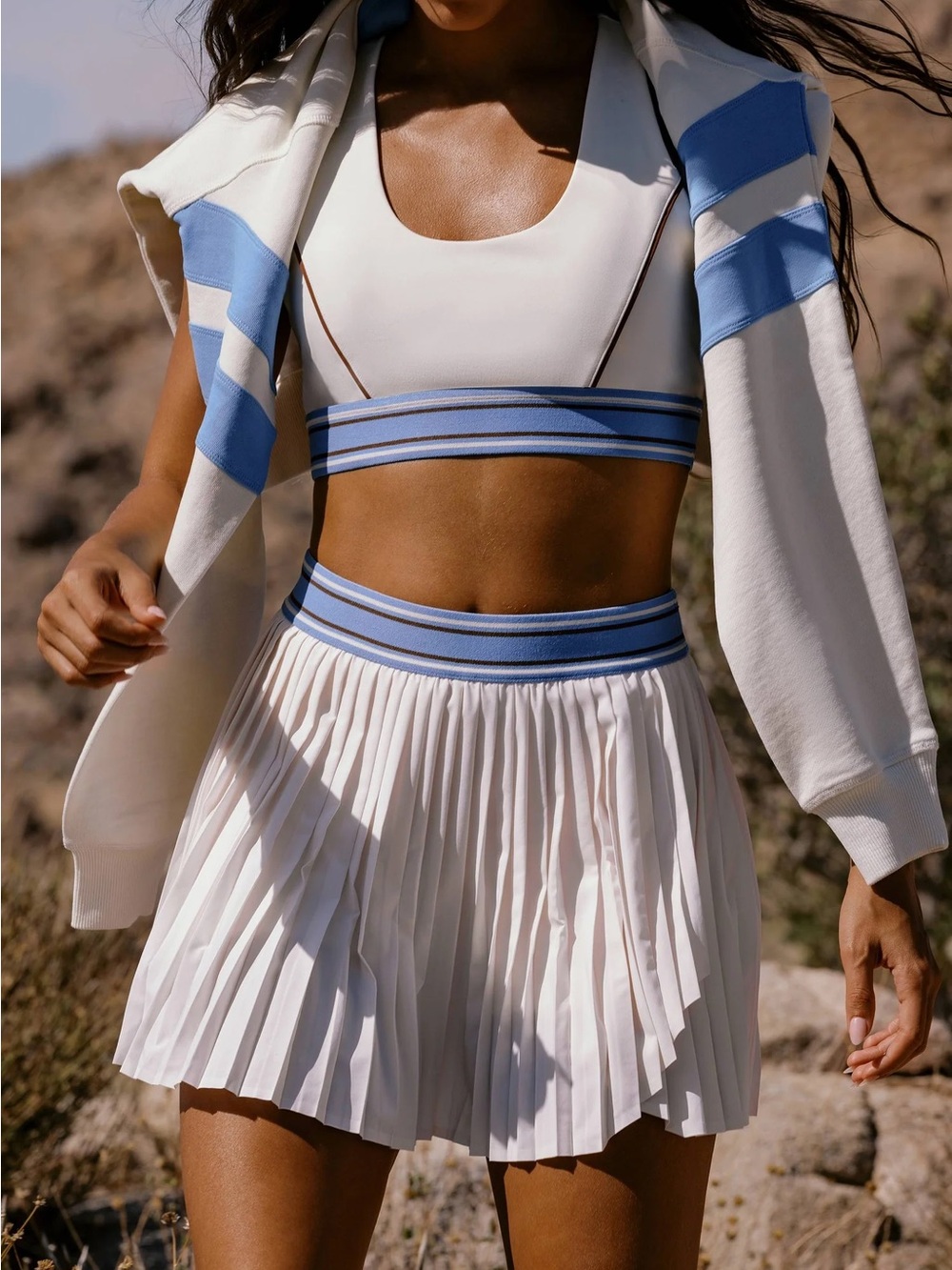 Beach Riot Sporta Bra & White Pleated Tennis Skirt with Blue Waistband - Size S
